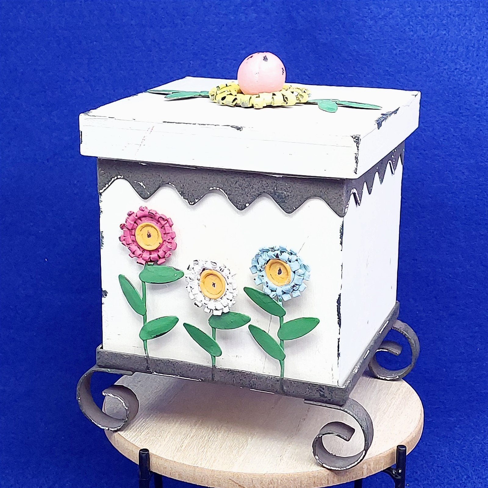 Storage Box Wood Metal Footed Stand Painted Metal Flower Design Whimsical Decor