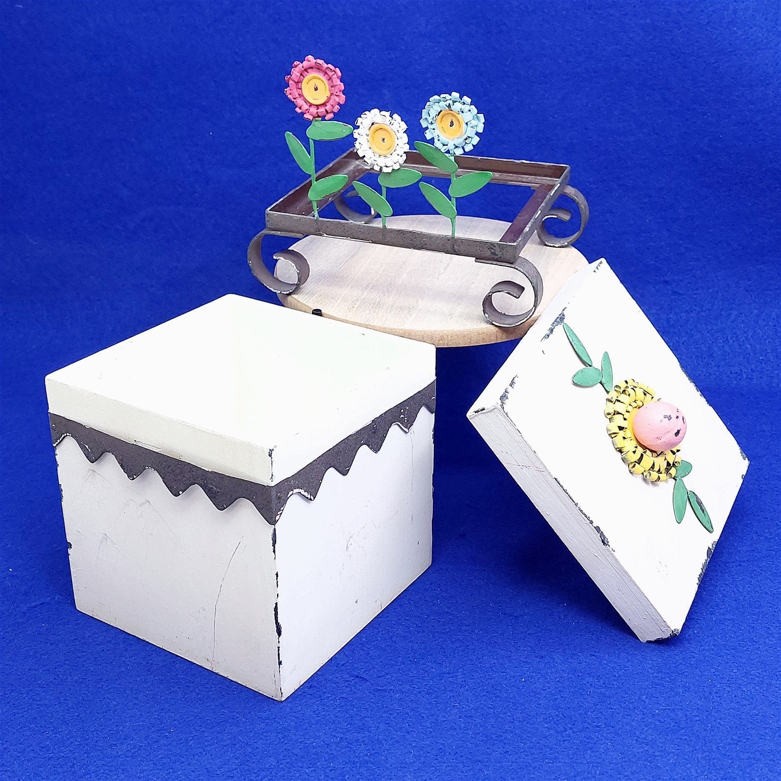 Storage Box Wood Metal Footed Stand Painted Metal Flower Design Whimsical Decor