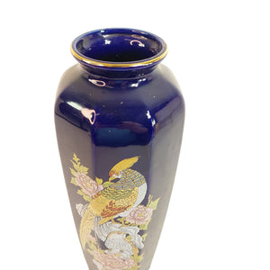 Asian Vase Pheasants Peonies Gold Gilt Trim Octagon Shape VIntage Home Decor 11"