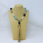 Load image into Gallery viewer, Chico&#39;s Necklace with Tassel Silver Tone Beads Blue Clear Stones 28-32&quot;

