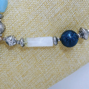 Chico's Necklace with Tassel Silver Tone Beads Blue Clear Stones 28-32"