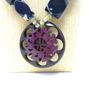 Chico's "Simone" Long Pendant Necklace Blue Brown Beadwork Purple Medallion 36"