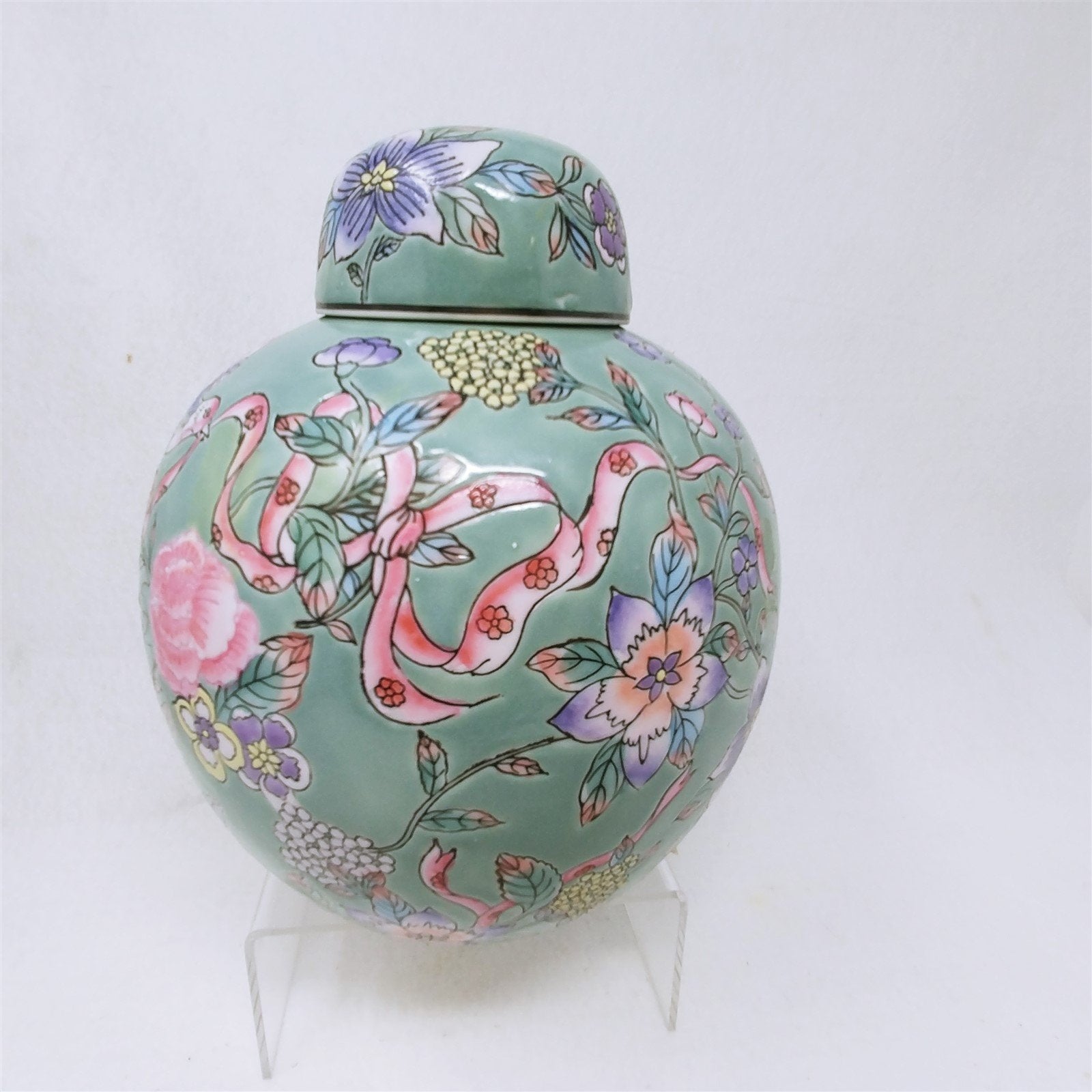 Ginger Jar Vase Flowers Birds Ribbons Hand Painted Pastels Made in Macau 9" H