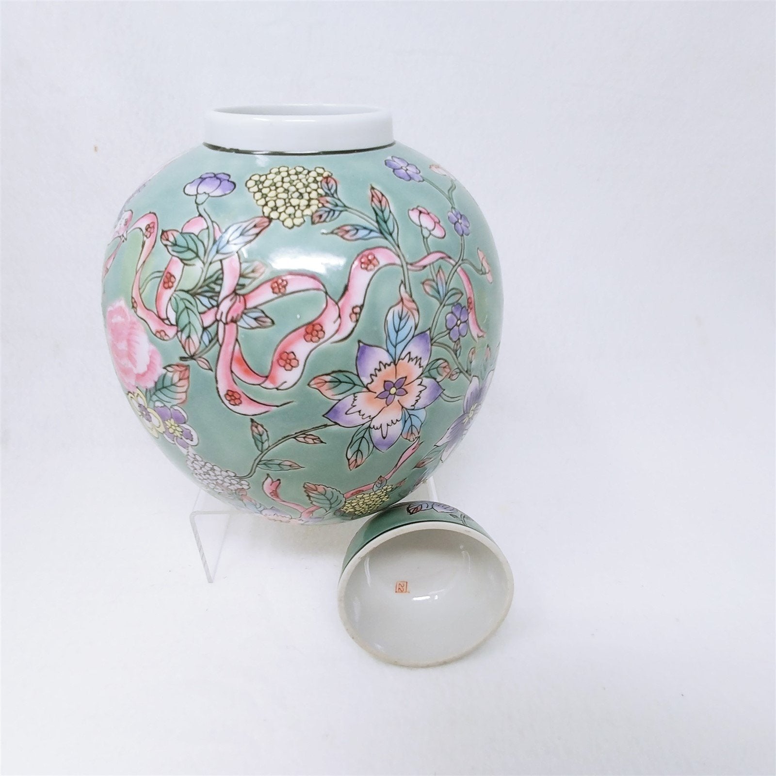 Ginger Jar Vase Flowers Birds Ribbons Hand Painted Pastels Made in Macau 9" H