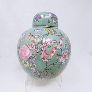 Ginger Jar Vase Flowers Birds Ribbons Hand Painted Pastels Made in Macau 9" H