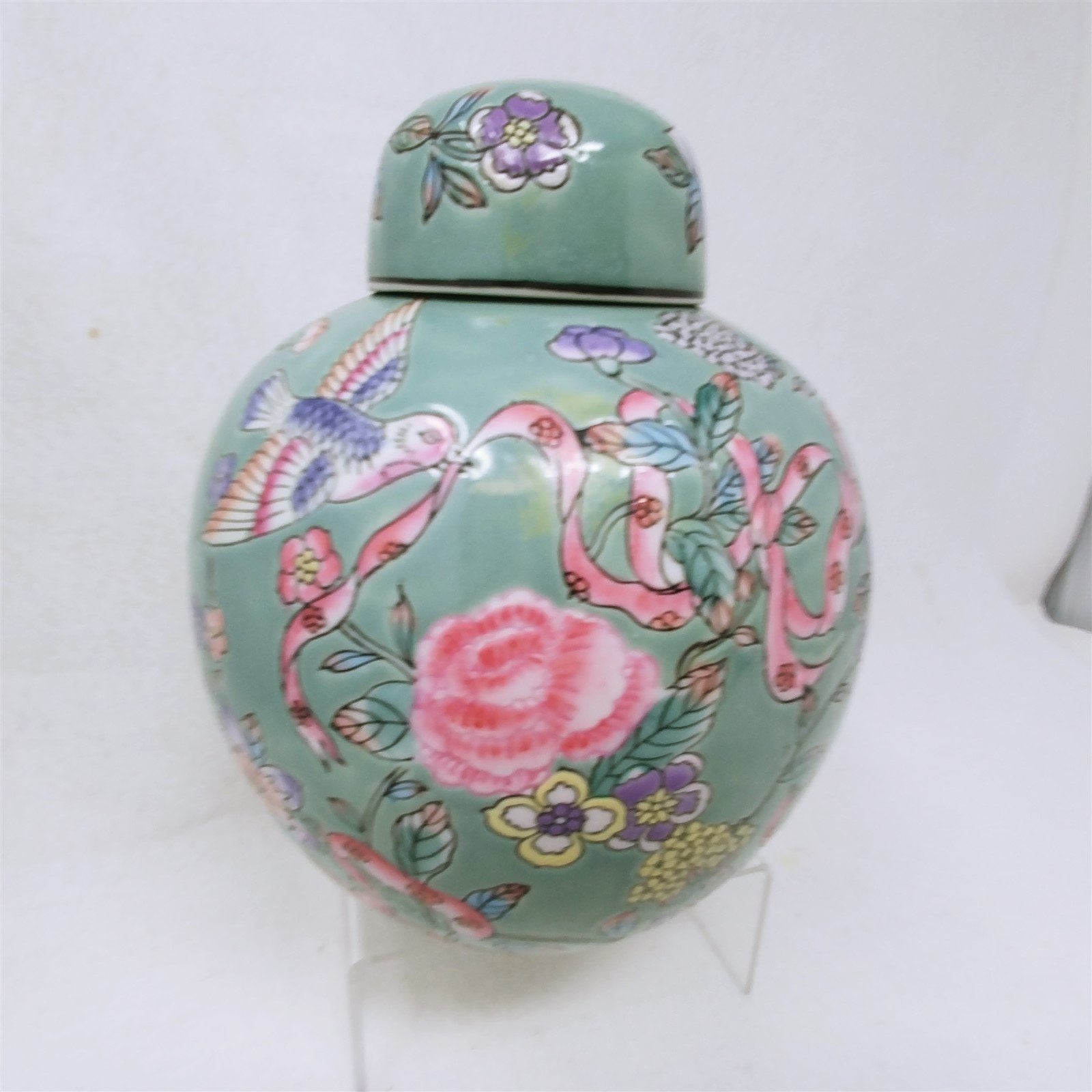 Ginger Jar Vase Flowers Birds Ribbons Hand Painted Pastels Made in Macau 9" H