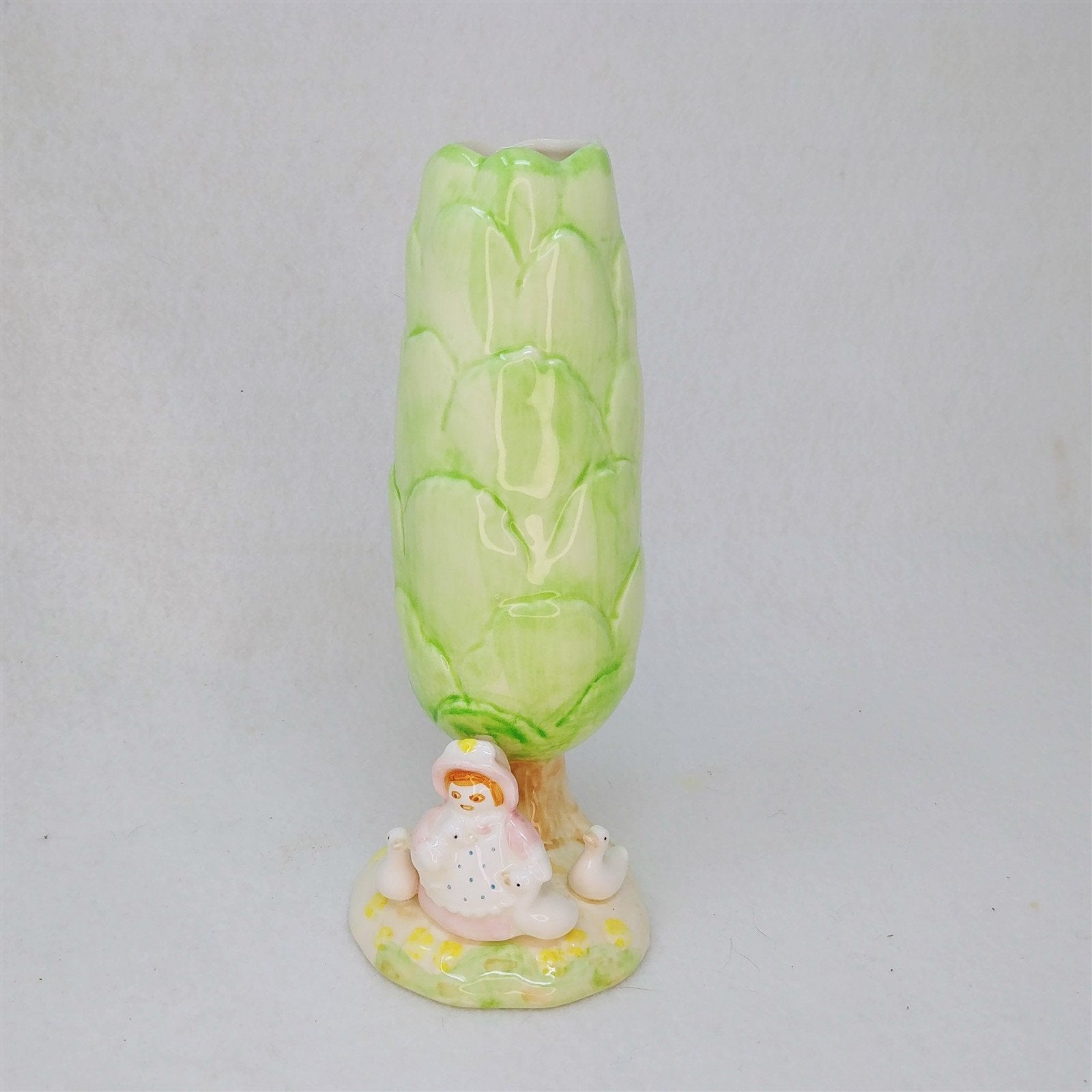 Vase Green Tree Girl Geese 8.5" H Omnibus Japan Ceramic Vintage Home Decor