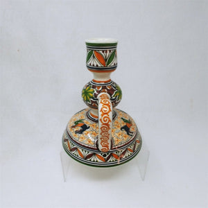 Candle Holder Hand Painted Ceramic with Handle Artisan Signed Portugal 7" H