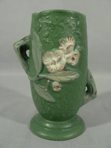 Decorative vase planter floral design staggered handles bottom stamped Roseville