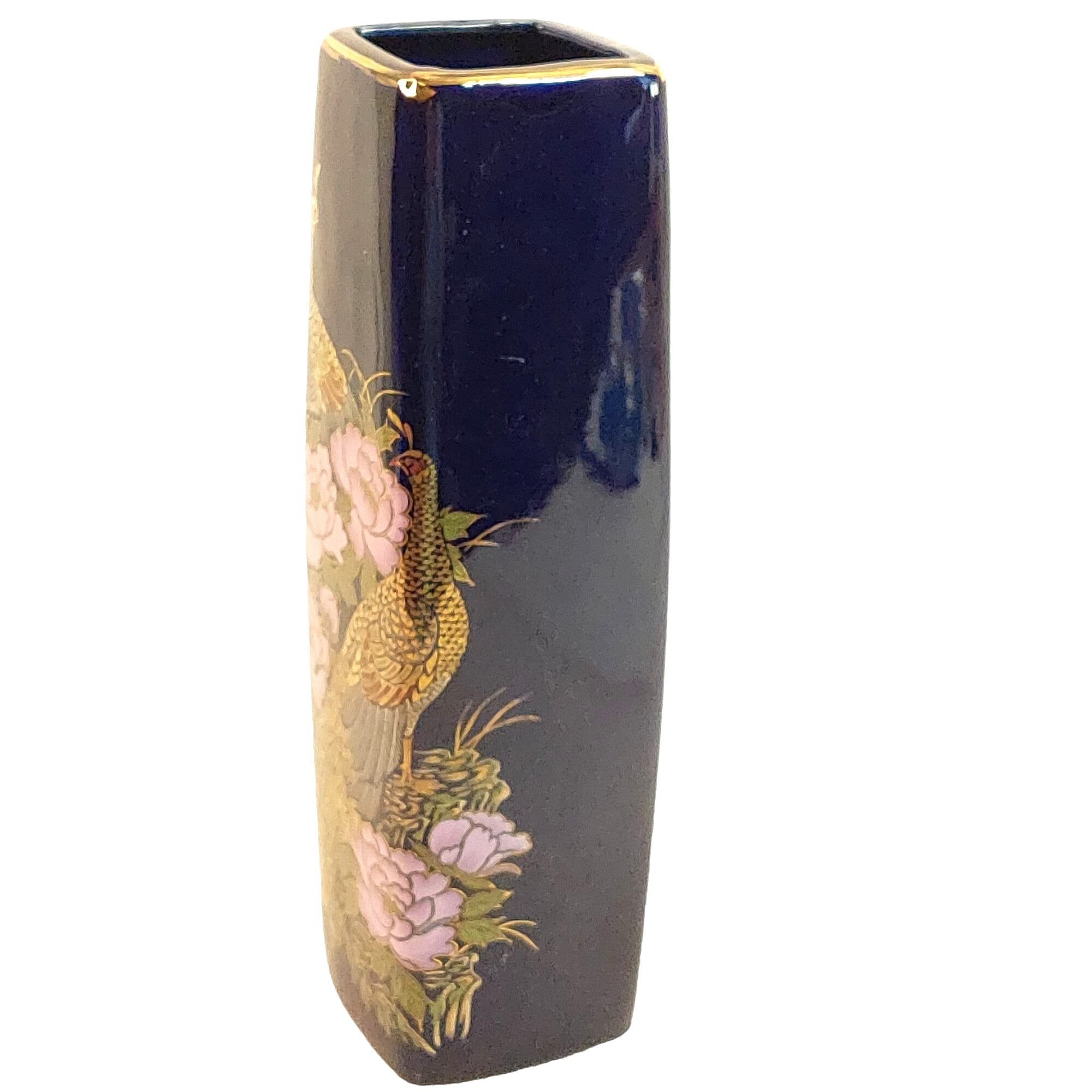 Asian Style Vase Peacock Pink Peonies Cobalt Blue Bright Gold Gilding Vintage 9"