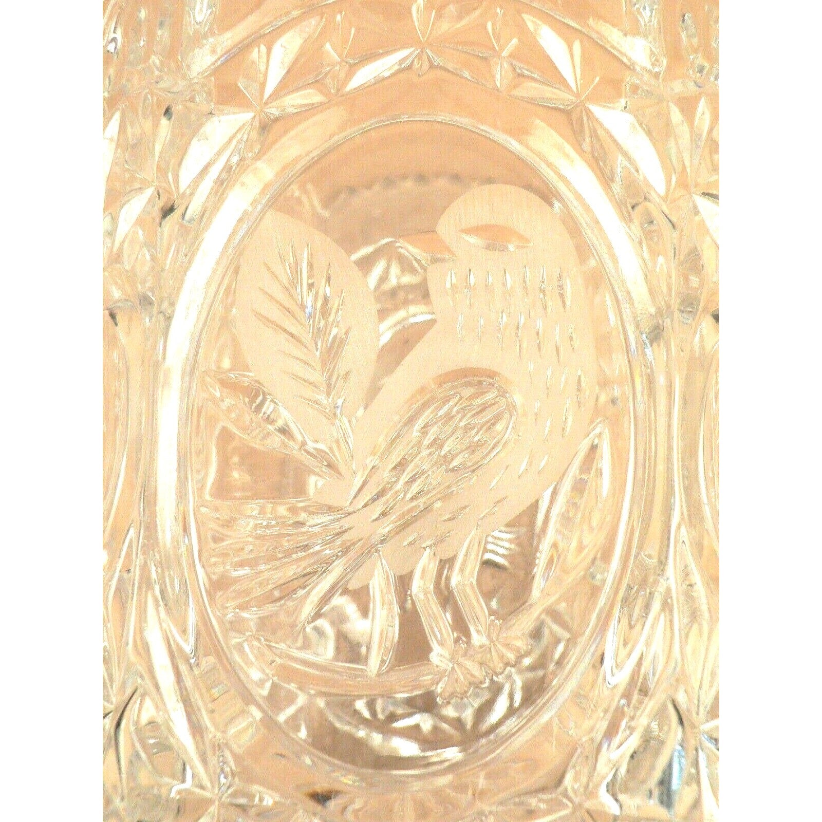 Vase Ornate 8 Panel Sides Clear Glass Embossed Bird Design Saw Tooth Rim