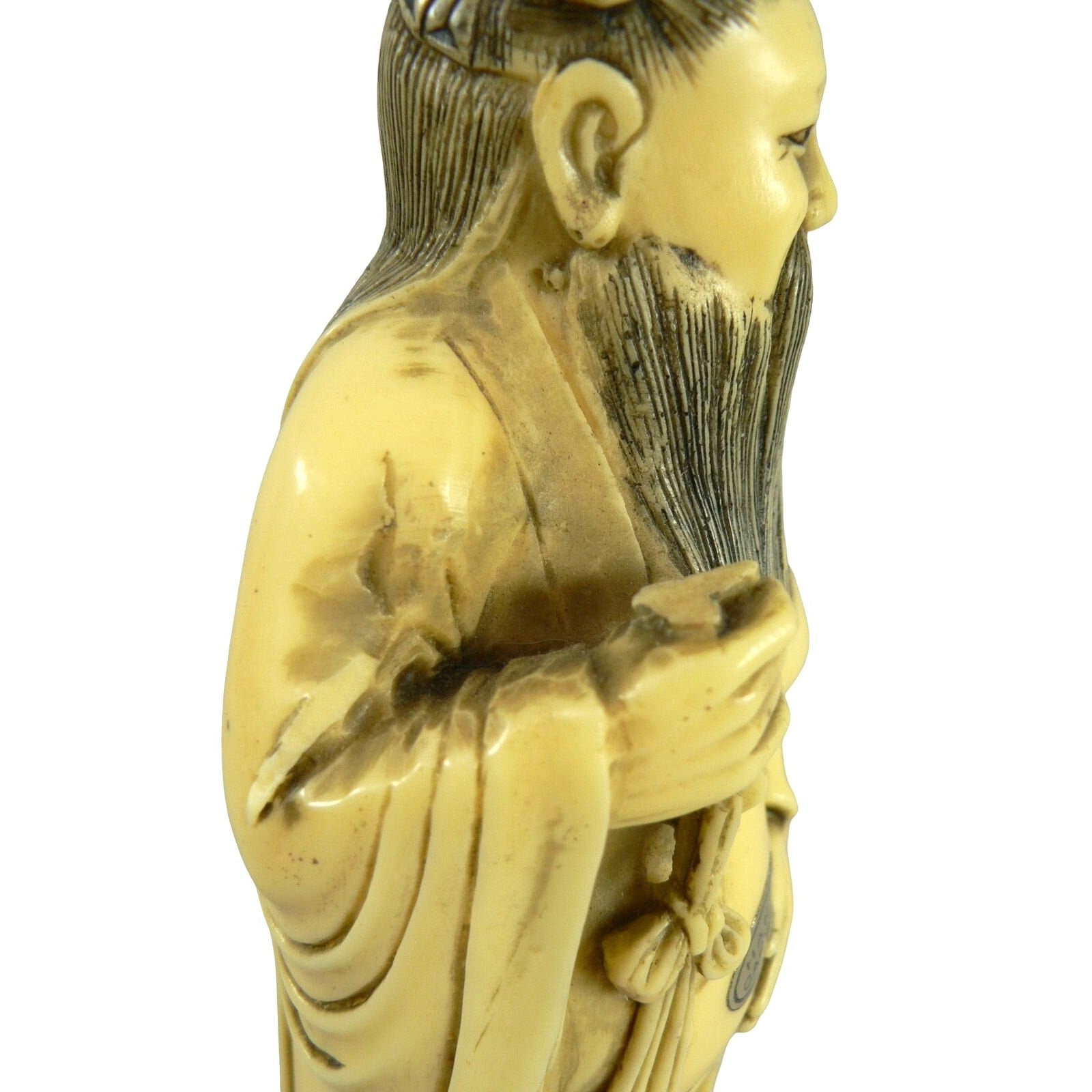 Figurine Chinese Male Robed Bearded Hand Carved Chop Marked Asian Markings 8.5"