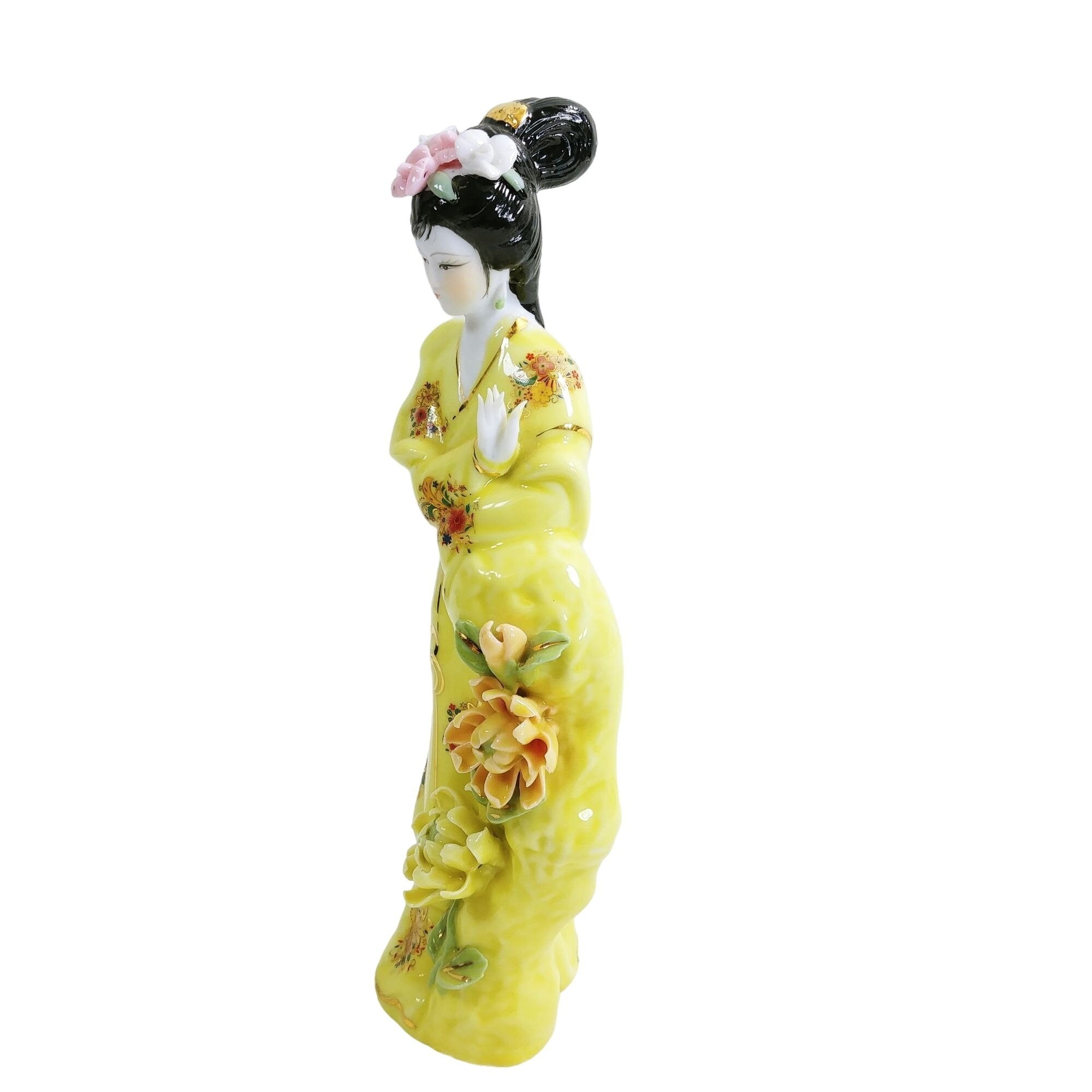 Figurine Asian Geisha Girl Bisque Face Hand Painted Ceramic 9.5"