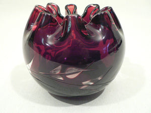 Ruby red vase folded rim glass orb. Floral design etched through to clear