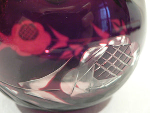 Ruby red vase folded rim glass orb. Floral design etched through to clear