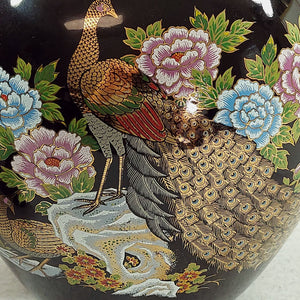 Asian Peacock Hand Painted Porcelain Vase with Synthetic Wagon Cart Stand