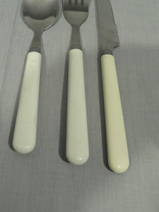 Vintage Retro camper style stainless flatware 3 pcs. white ferruled handle