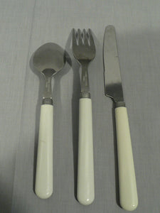 Vintage Retro camper style stainless flatware 3 pcs. white ferruled handle