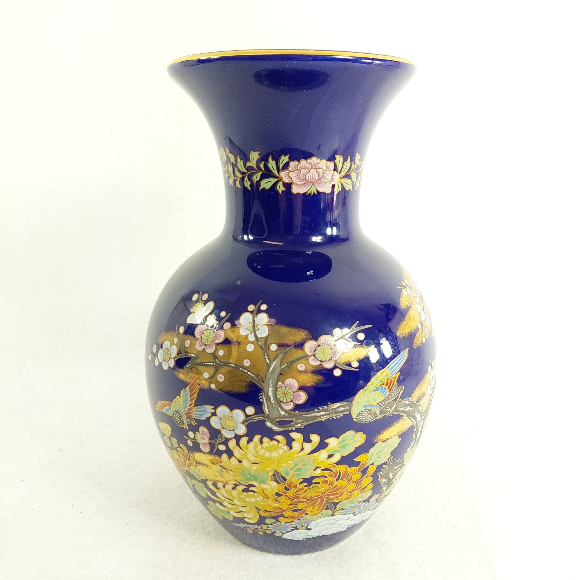 Vase Cobalt Blue Porcelain Oriental Japanese Hand Painted Vintage 10.5"