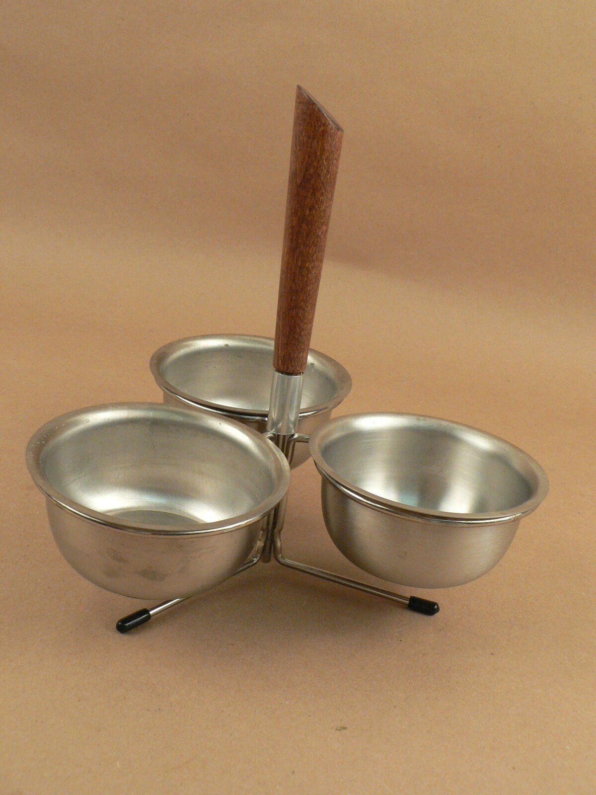 A Swedish modern retro condiment servers, 3 cups each, wood handle stand