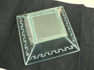 Bowl Glass Square Studio Silversmiths Etched Roman Design Border Green