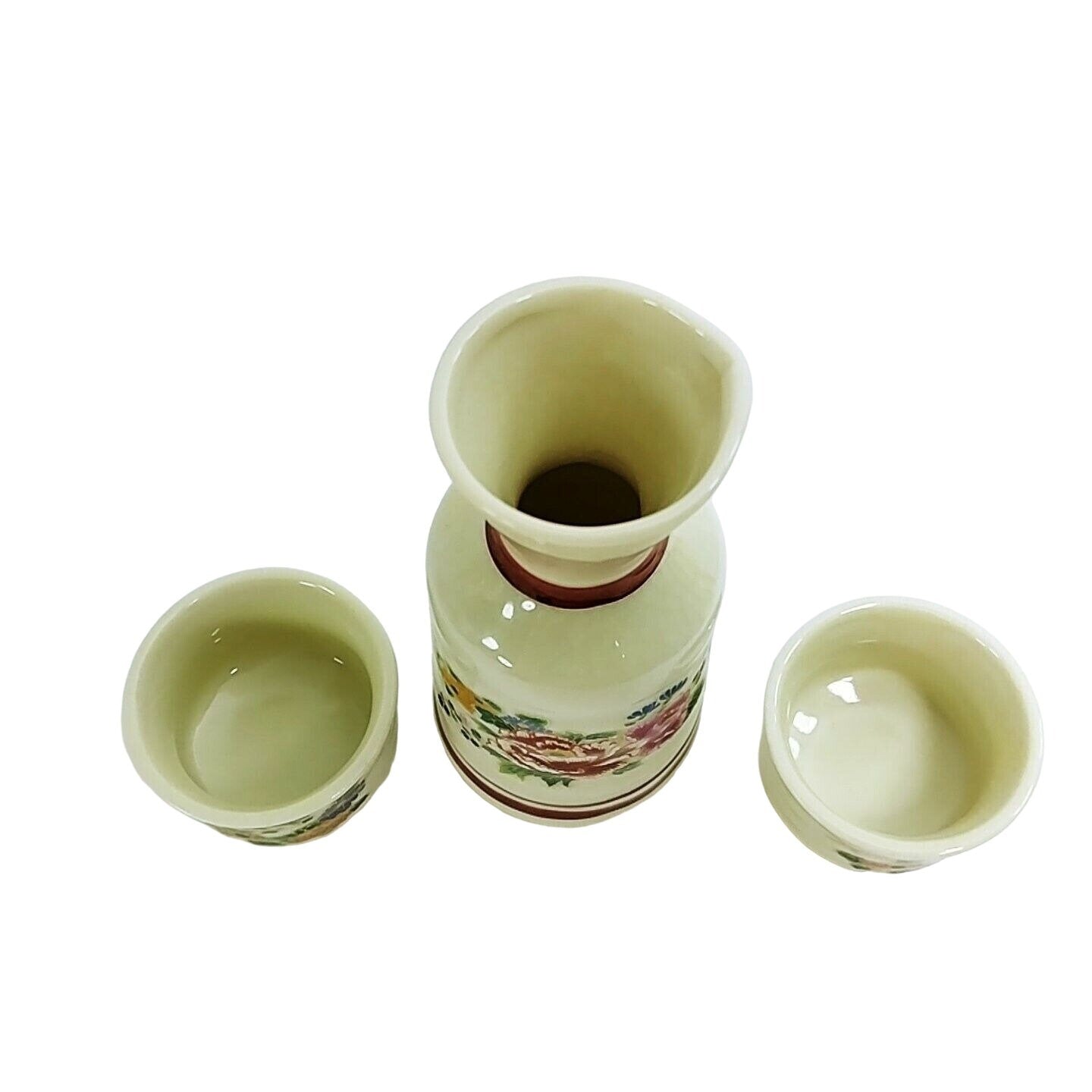 Sake Japanese 3-pc Set Asian Floral Design with Gold Outline Chop marked