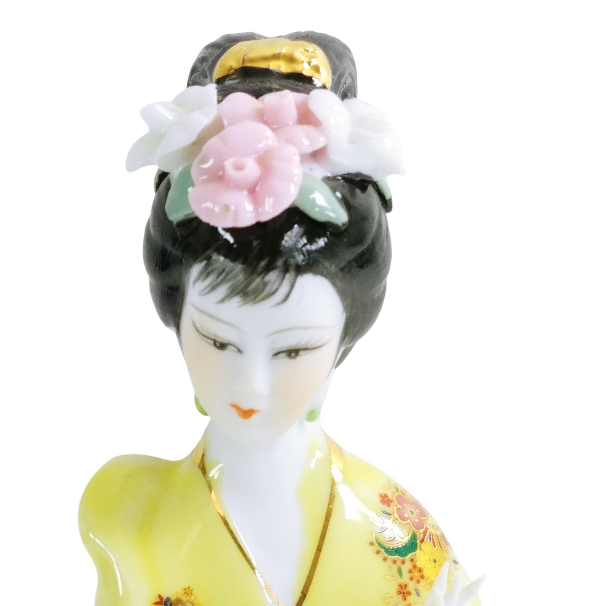Figurine Asian Geisha Girl Bisque Face Hand Painted Ceramic 9.5"
