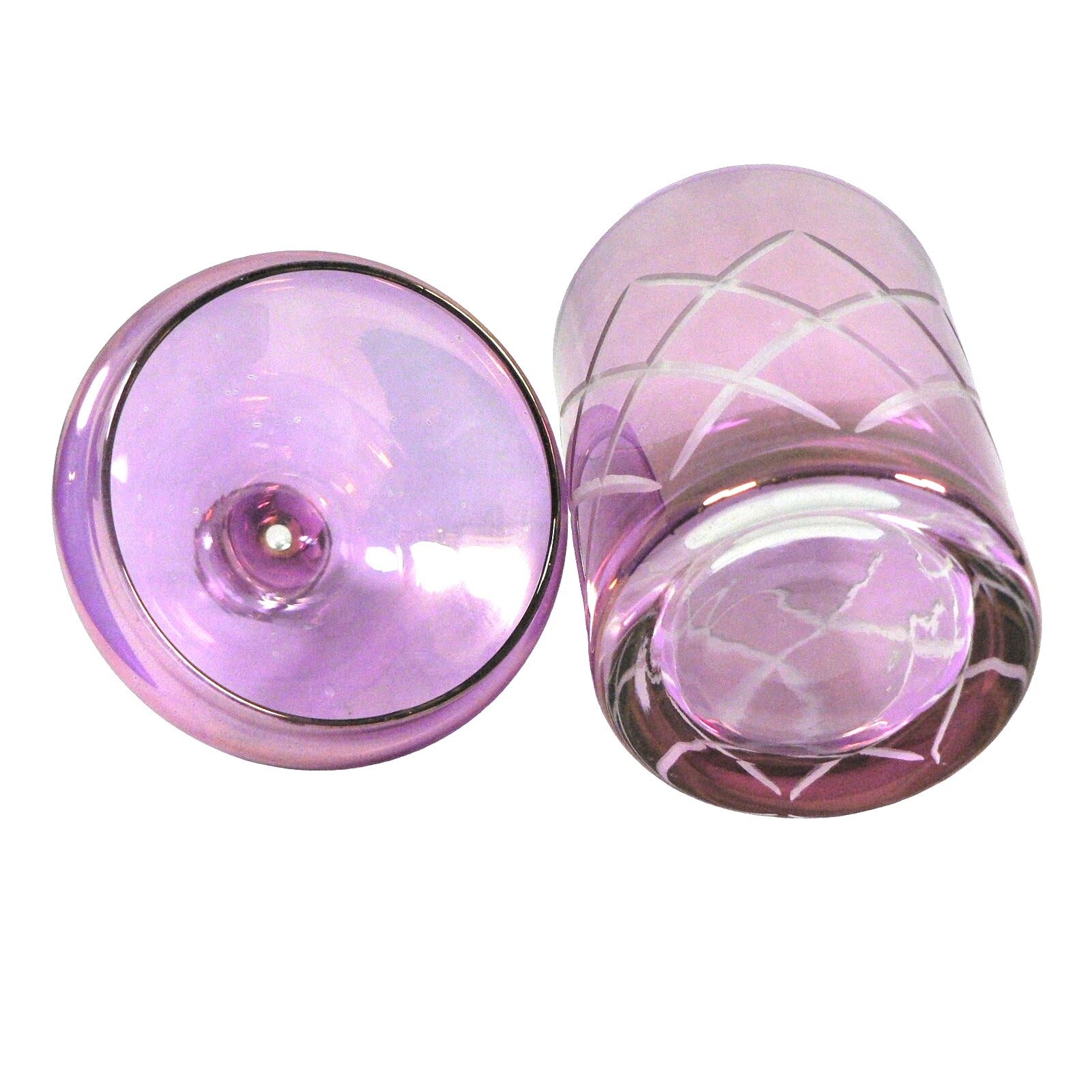 Glass Jar Iridescent Pink Translucent Cut to Clear Diamond Design Vtg 7.5"