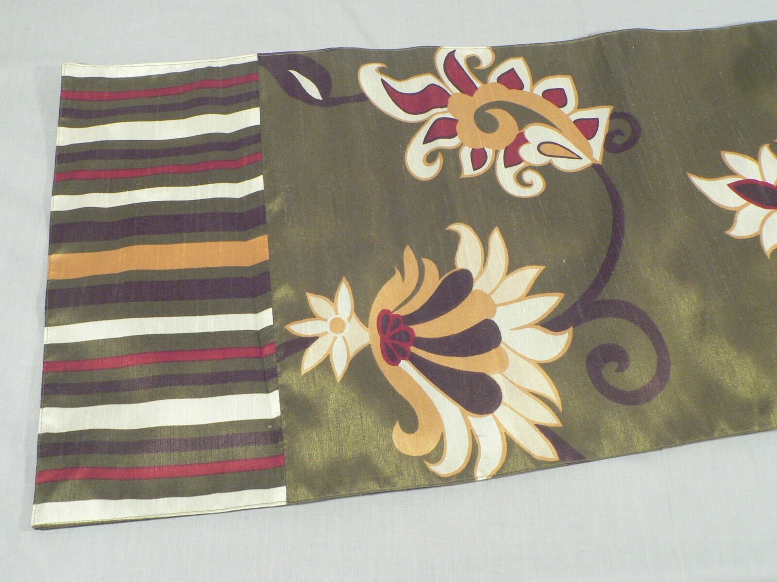 Table runner floral pattern, Striped ends 14" x 70" Hemmed and Lined