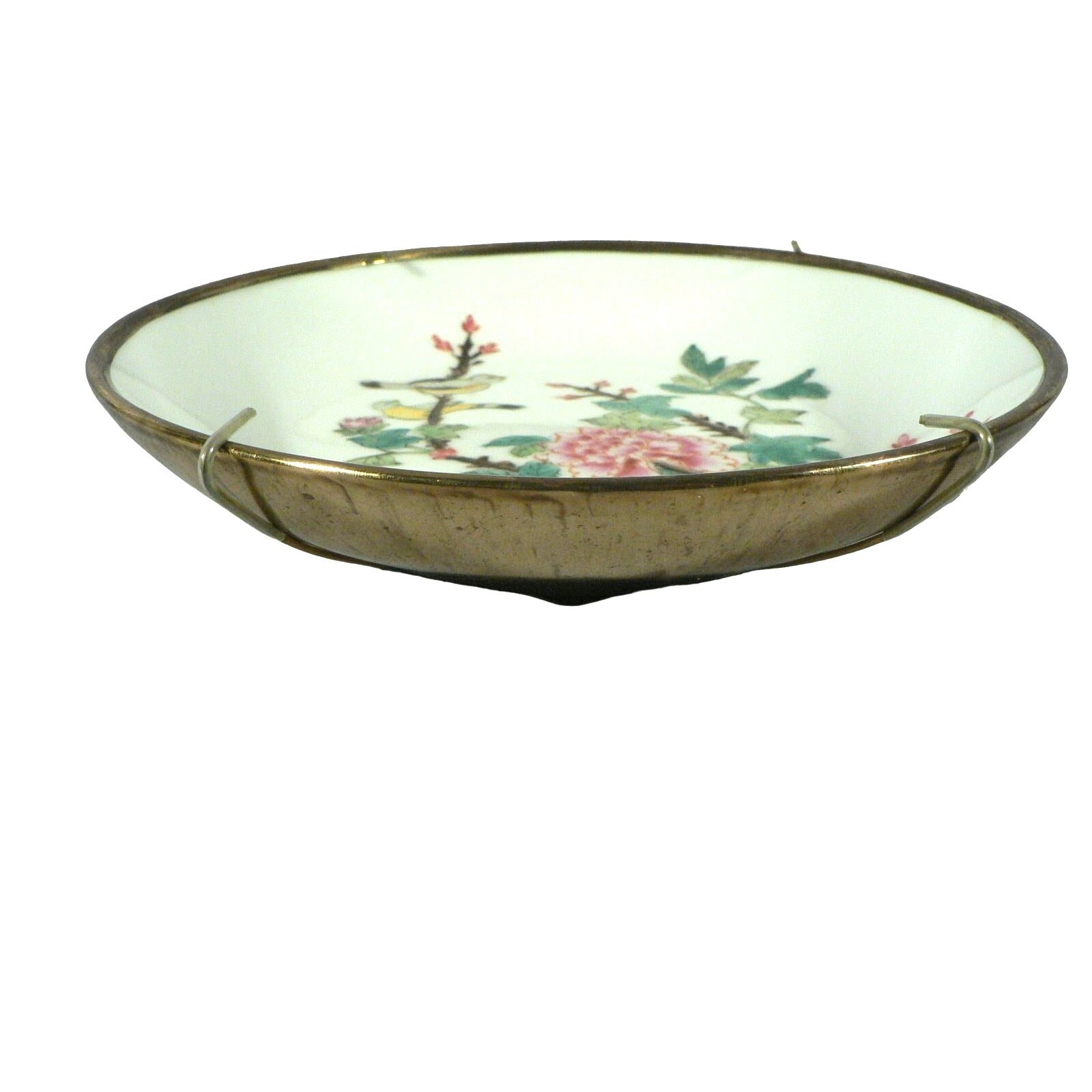Plate Y.T. Porcelainwares Hand-Painted Botanicals Brass Encased Back Hong Kong 8"