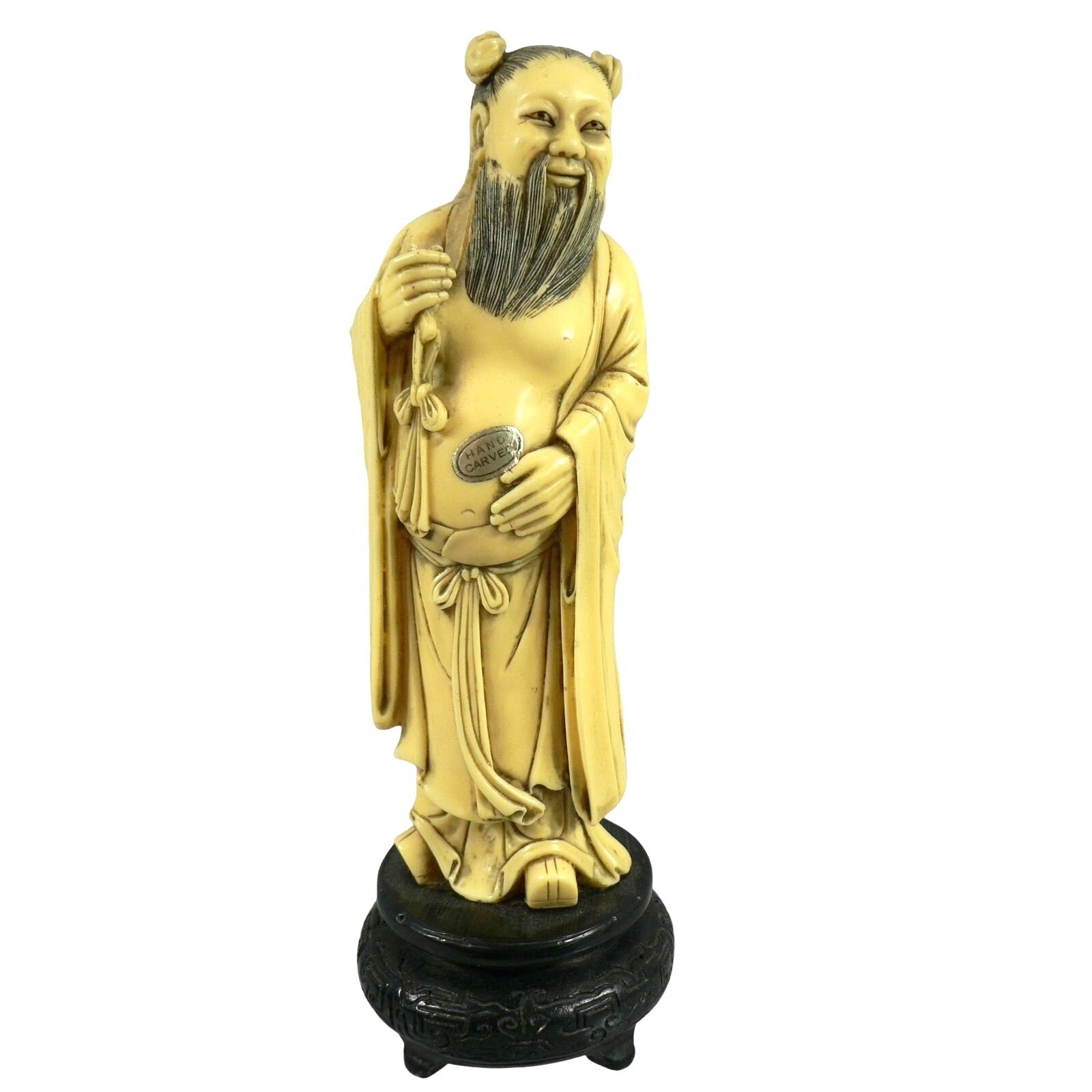 Figurine Chinese Male Robed Bearded Hand Carved Chop Marked Asian Markings 8.5"