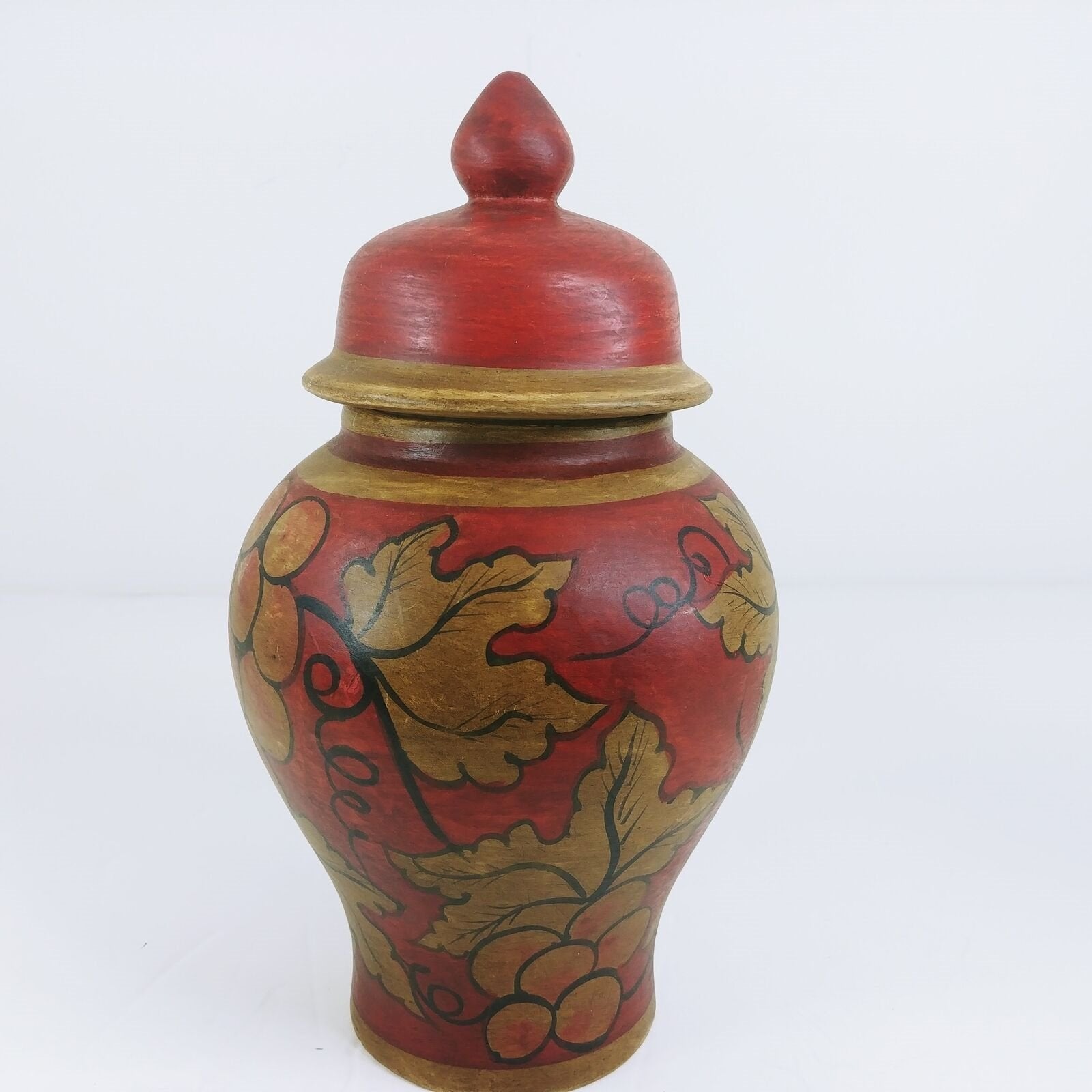 Decorative Storage Urn Canister Ginger Jar Lid Hand Painted Grapevine Design