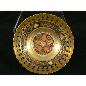 Brass Dish Bowl Floral Cut Through Reticulated Laced border Hand Tooled