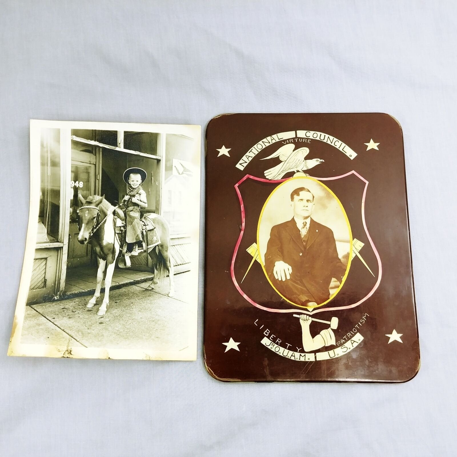 Early Twentieth Century Photos 1 Metal Mounted Masons Plaque 1 Boy on Pony 2pc