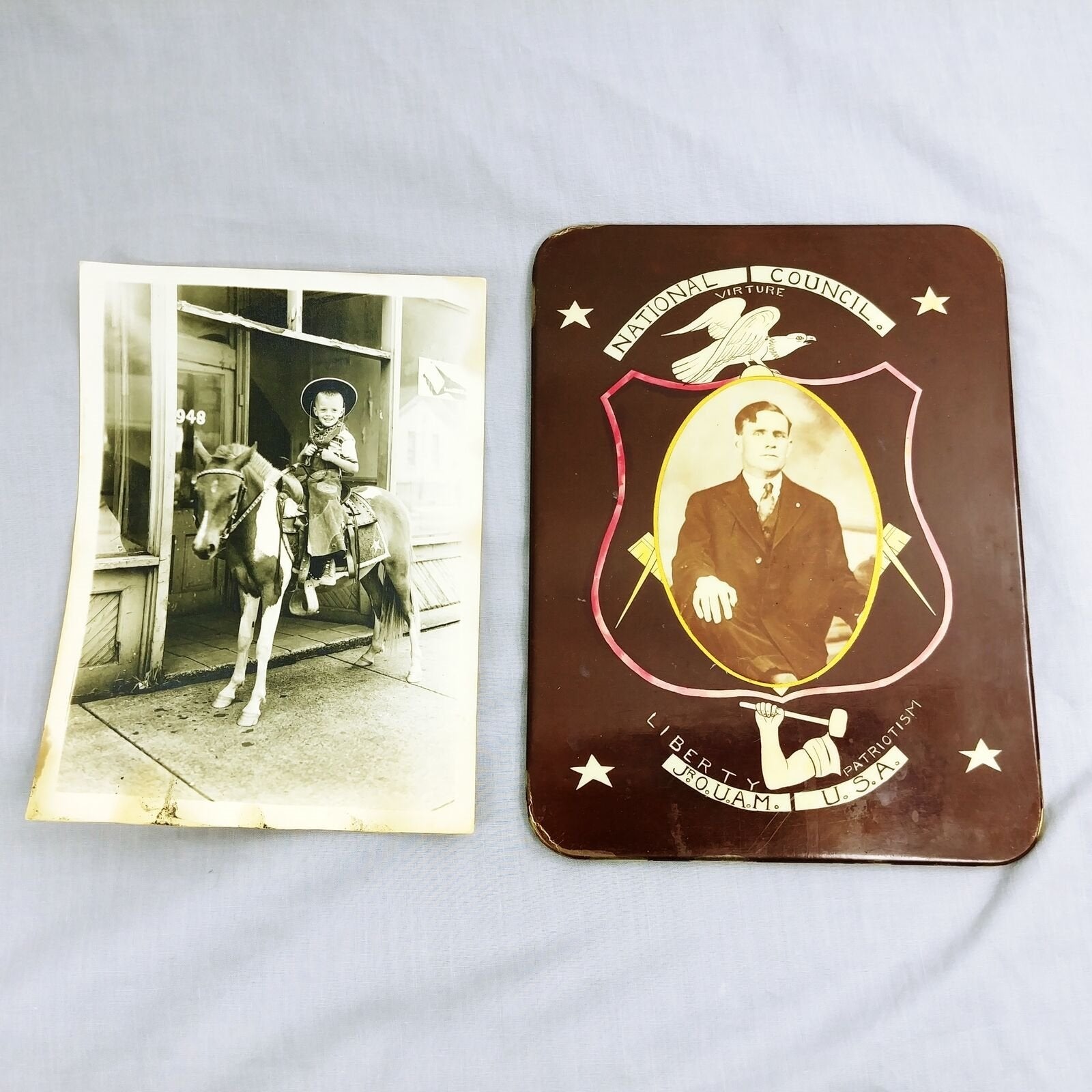 Early Twentieth Century Photos 1 Metal Mounted Masons Plaque 1 Boy on Pony 2pc