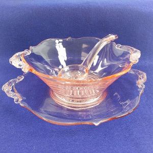 Pink Glass 3 Piece Serving Saucer Bowl Spoon Handled Vintage
