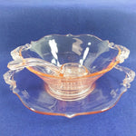 Load image into Gallery viewer, Pink Glass 3 Piece Serving Saucer Bowl Spoon Handled Vintage
