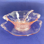 Load image into Gallery viewer, Pink Glass 3 Piece Serving Saucer Bowl Spoon Handled Vintage
