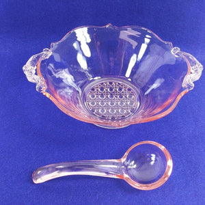 Pink Glass 3 Piece Serving Saucer Bowl Spoon Handled Vintage