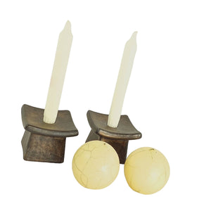 Candle Holders Asian Pagoda Style Ceramic with Custom Round Crackle Candles Set of 2