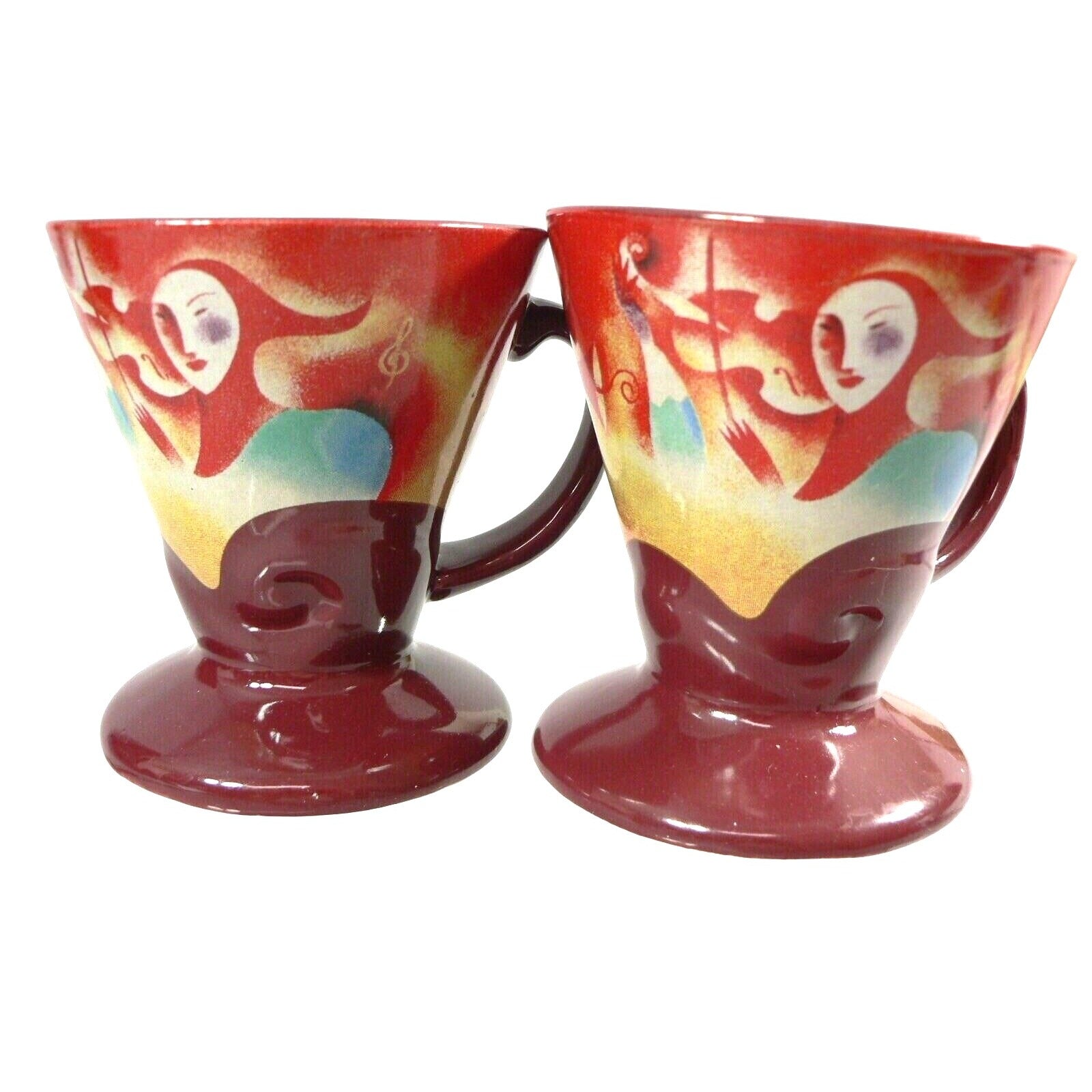 Expresso Cups Mardi Gras Jester Musical Image Signed Linda Frichtel 1999 in Gold