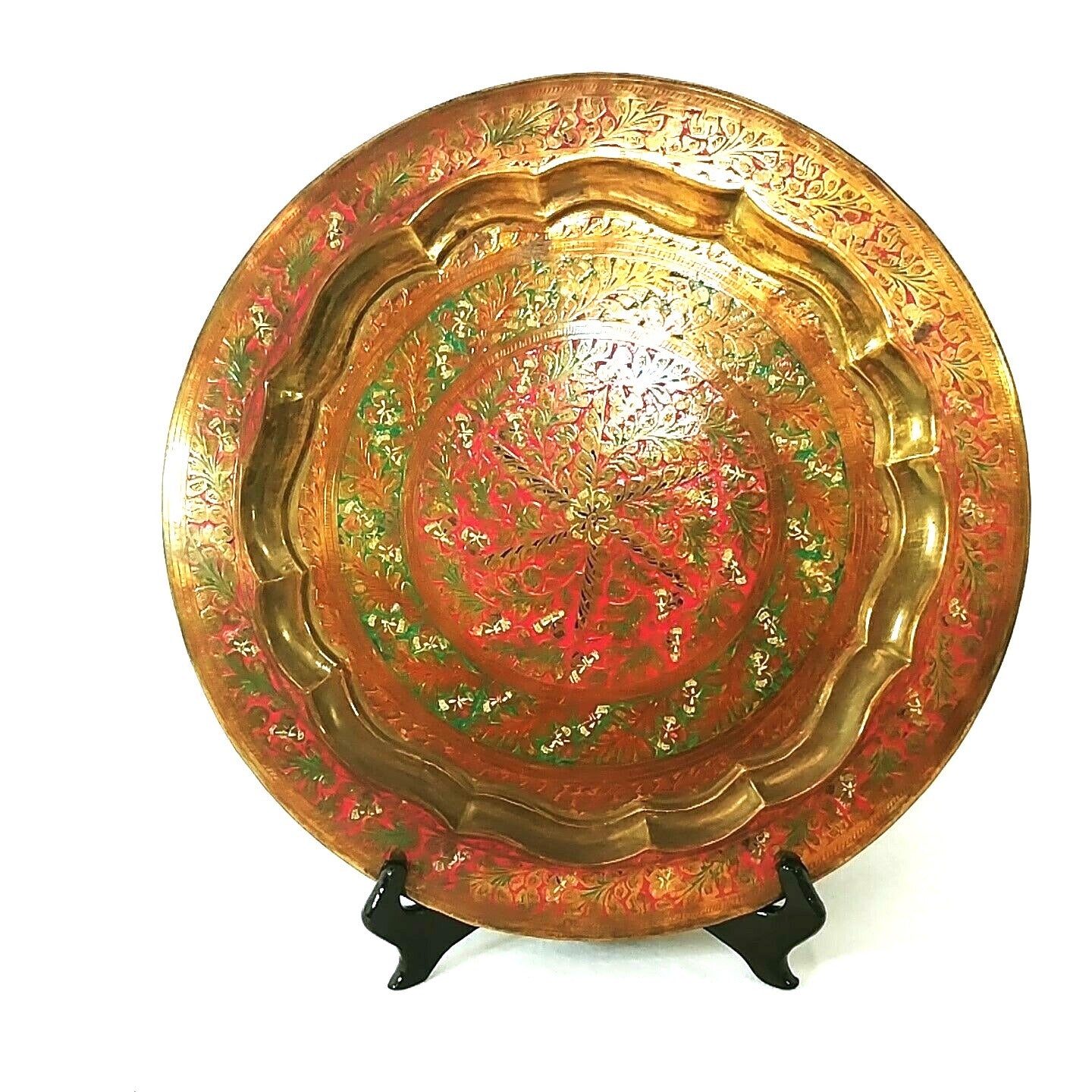 Wall Art Display Plate Hand Tooled Floral Design Brass 15" Vintage Collectible