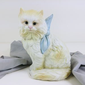 Cat Kitten Feline Figurine with Blue Necktie Bisque Ceramic