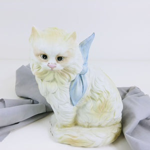 Cat Kitten Feline Figurine with Blue Necktie Bisque Ceramic