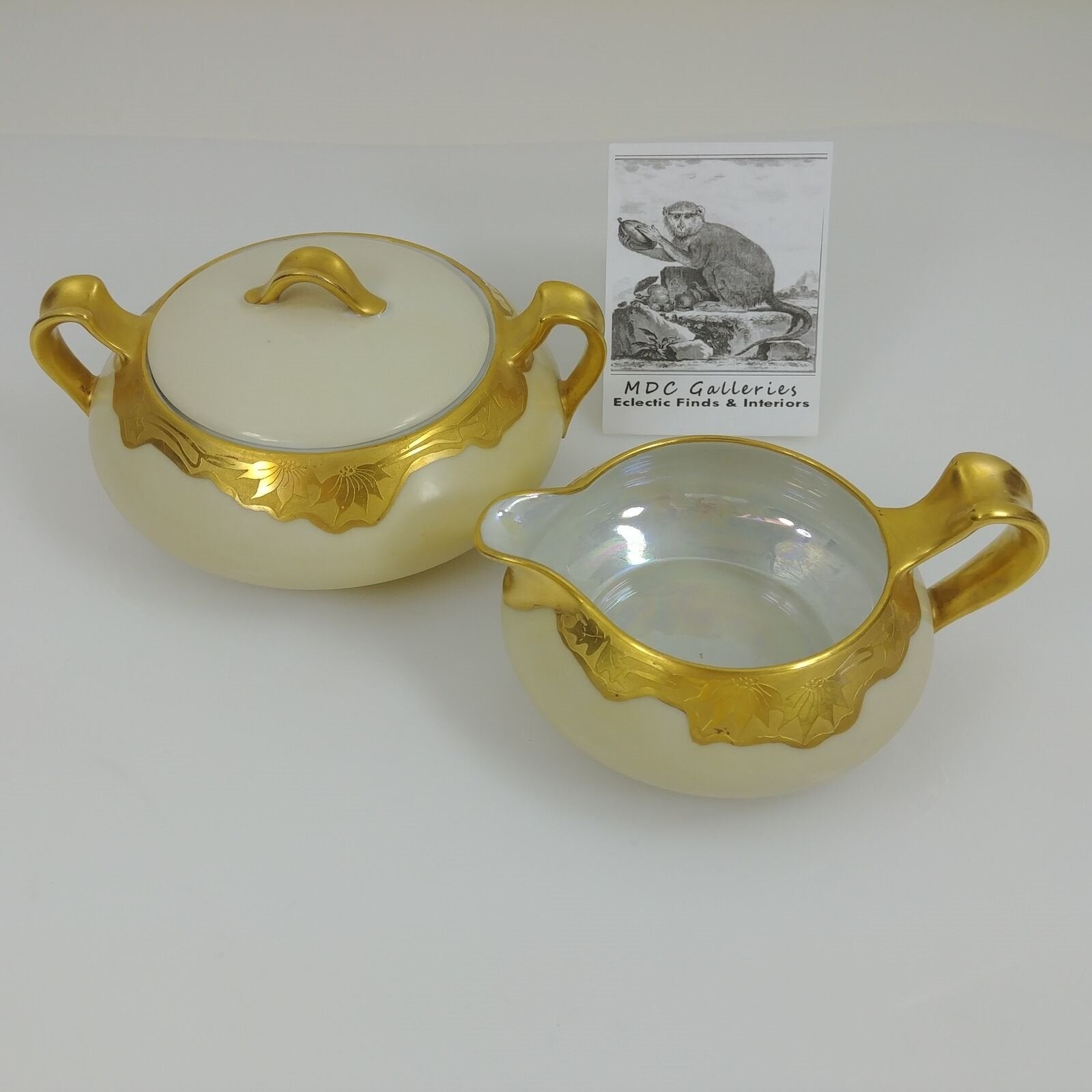 Creamer Sugar Bowl Haviland Limoges Circa 1880's 24K Acid Etched Gold Rimmed