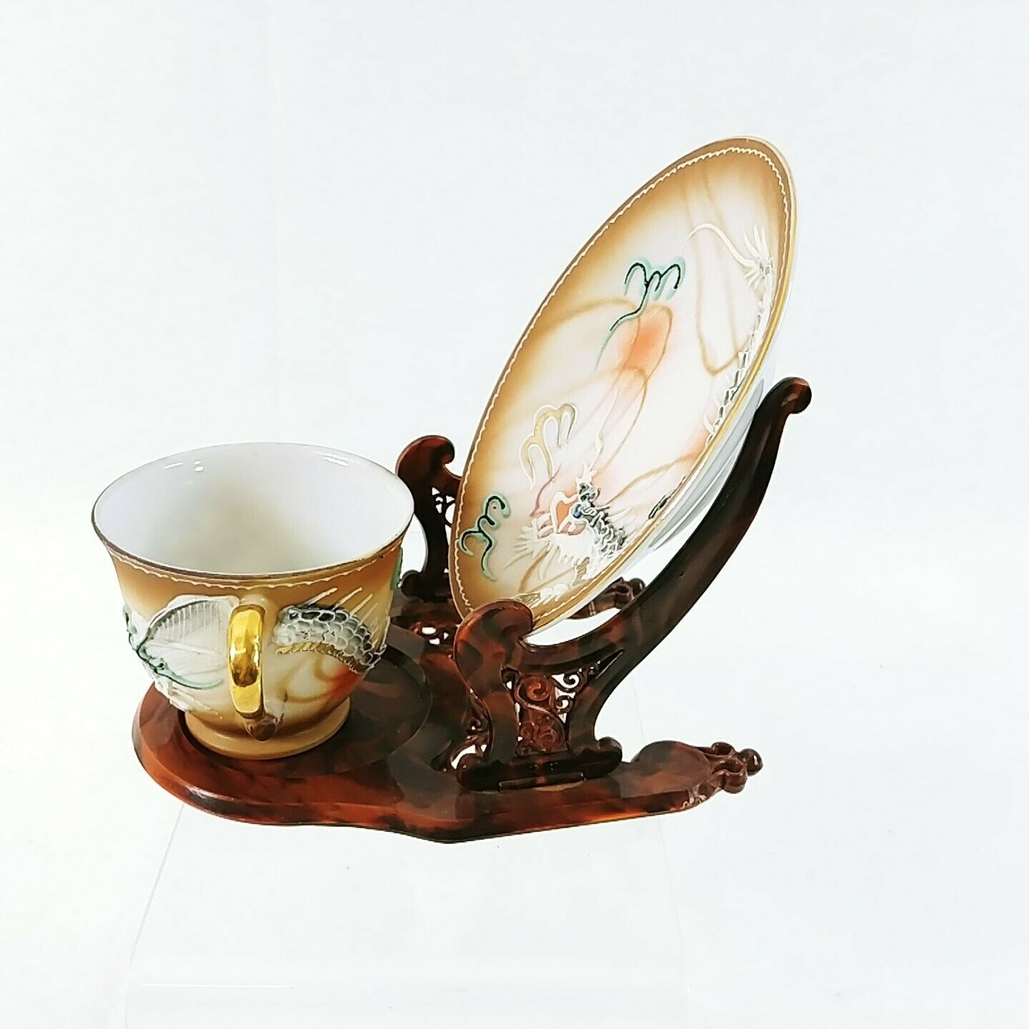 Asian Dragonware Tea Cup Saucer Demitasse Moriage Design with Easel Stand