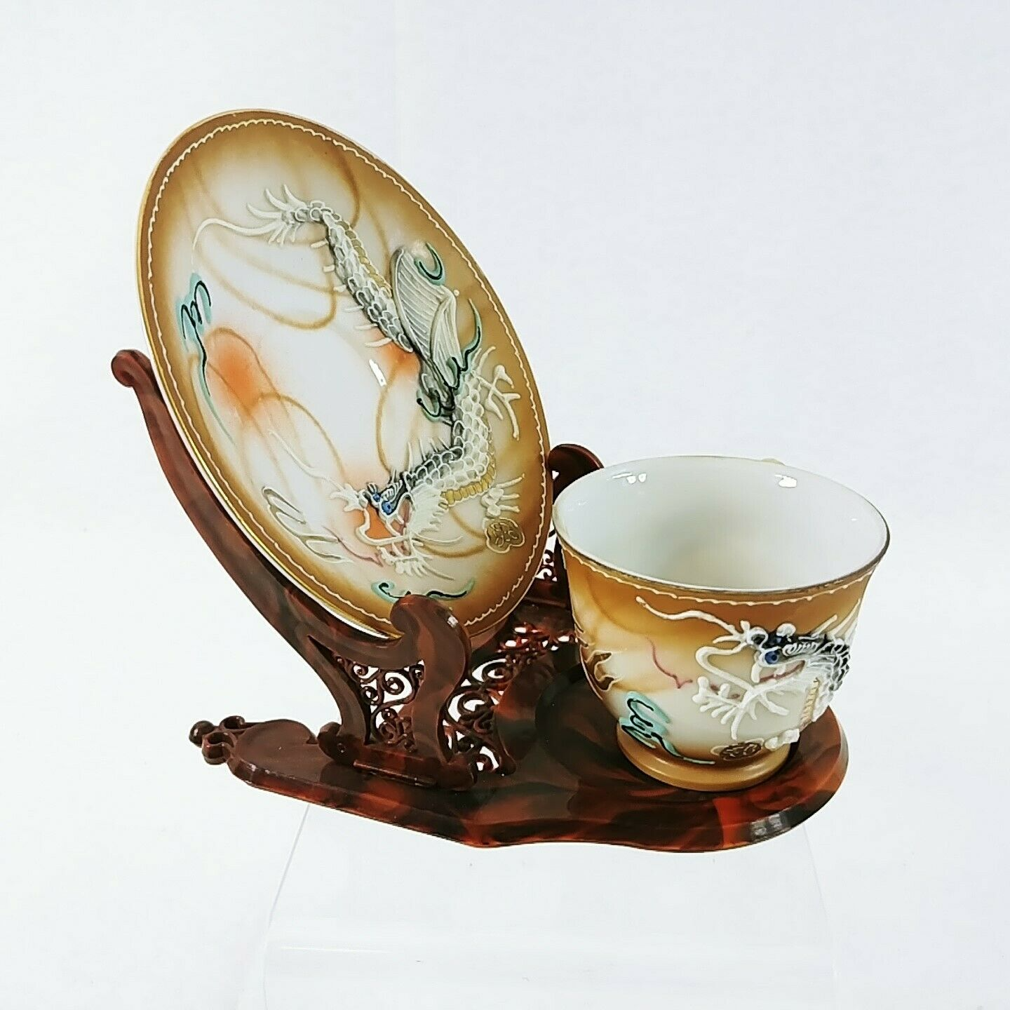 Asian Dragonware Tea Cup Saucer Demitasse Moriage Design with Easel Stand