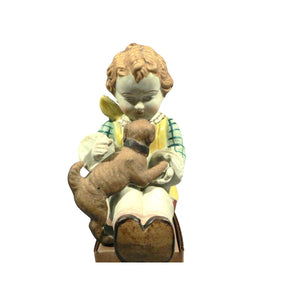 Bisque ceramic figurine matte finish hand painted sitting boy with dog Japan