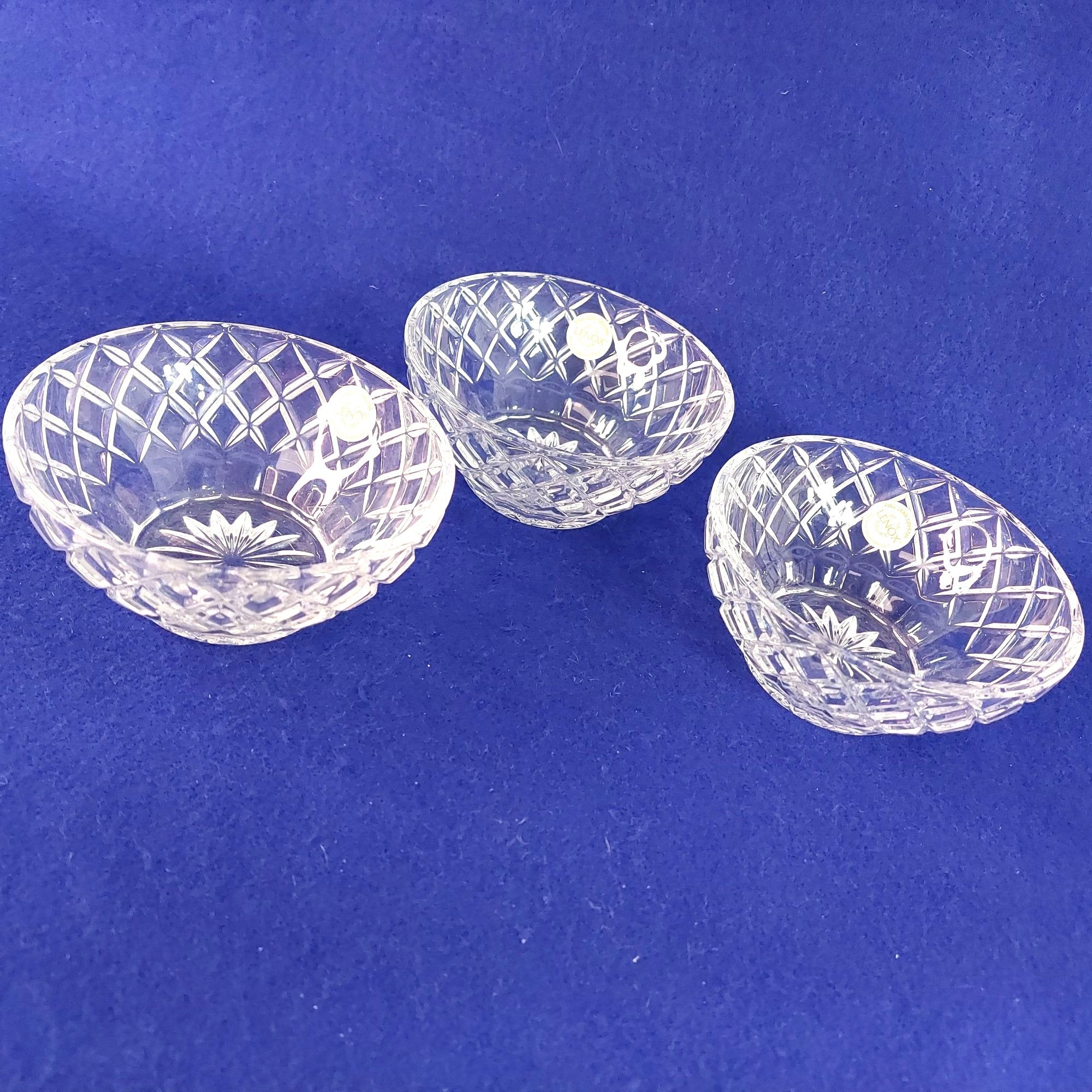 Lenox Bowl Crystal Diamond Criss Cross 5" Dia Original Decal Vintage Set of 3