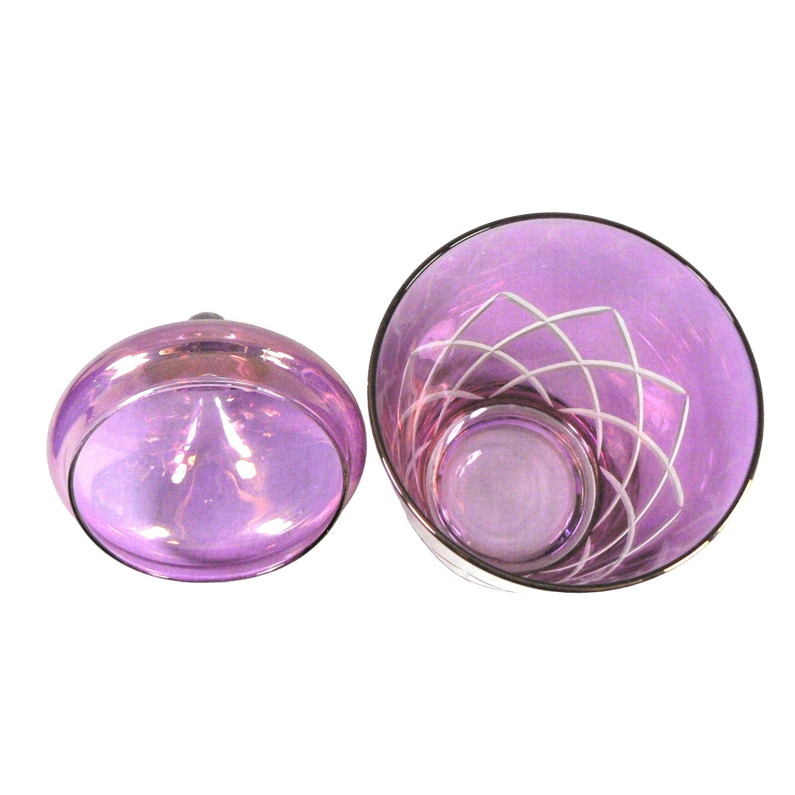 Glass Jar Iridescent Pink Translucent Cut to Clear Diamond Design Vtg 7.5"